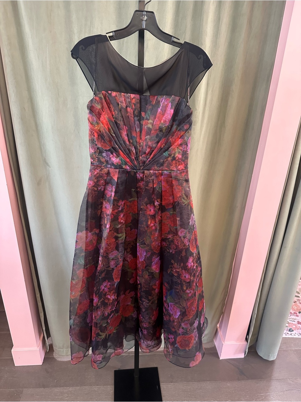 Theia Black Floral Overlay Midi Dress with Red and Pink Blooms